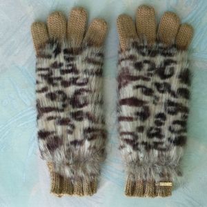 MK Michael Kors Jaguar Print Faux Fur and Brown Knit Long Sleeve Winter Gloves